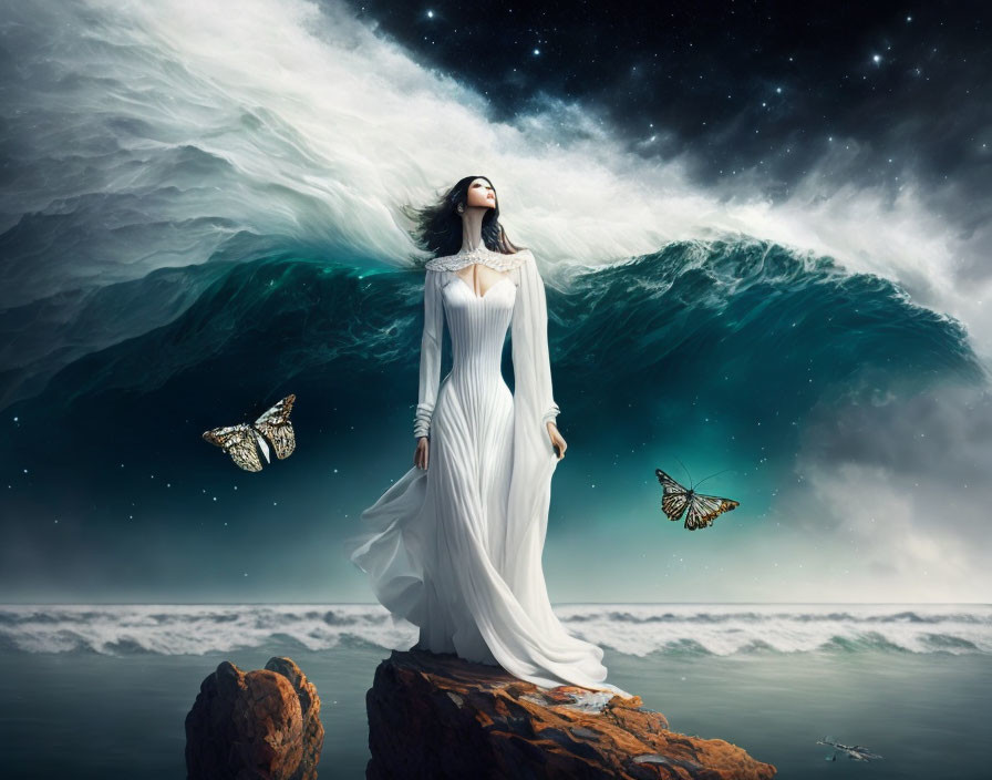 Woman in white dress on rocky outcrop with giant waves and starry sky.