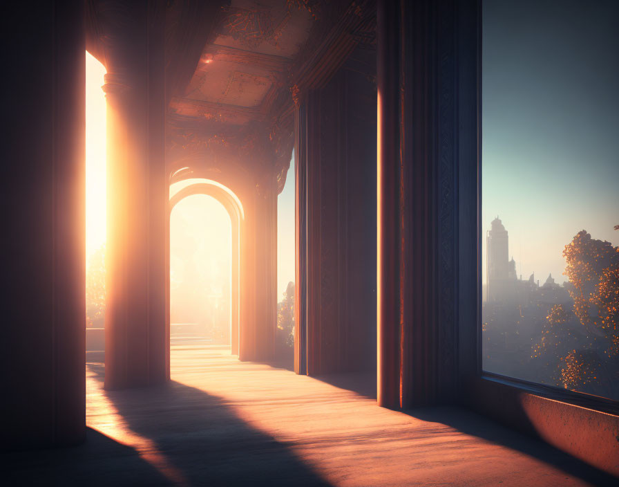 Sunlight through arched doorway creates shadows in corridor with pillars and tree view