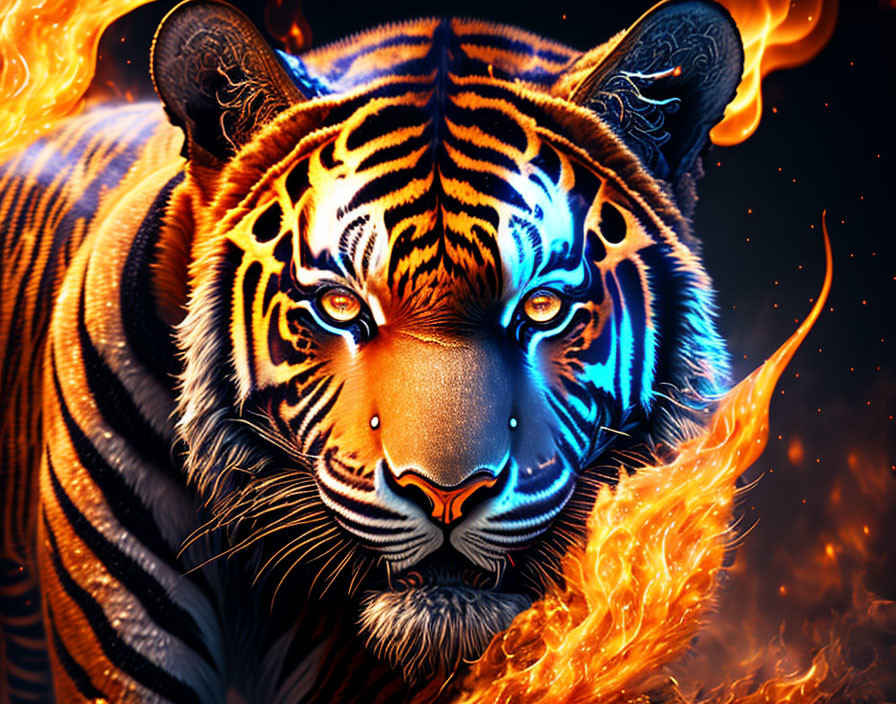 Vibrant digital art: Tiger with blue eyes in stylized flames