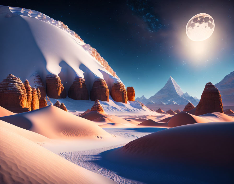 Surreal desert landscape: smooth sand dunes, rock formations, moon, pyramid-like mountain