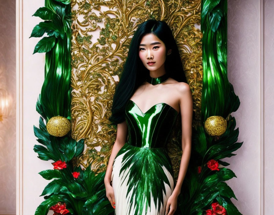 Woman in elegant green and white dress by ornate golden frame