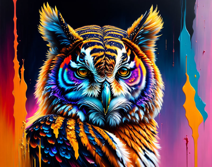 Colorful Owl Artwork with Intricate Patterns on Painted Background