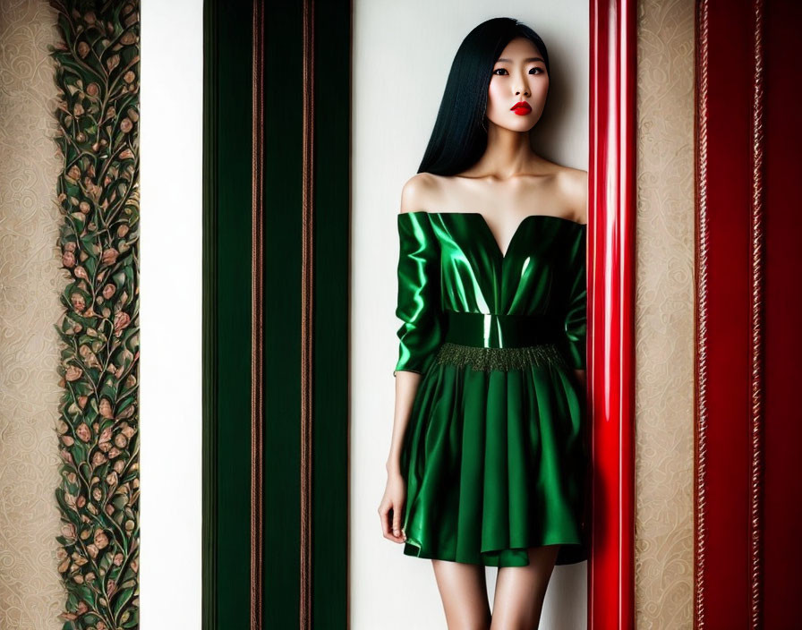 Woman in strapless green dress with long black hair against red and green backdrop