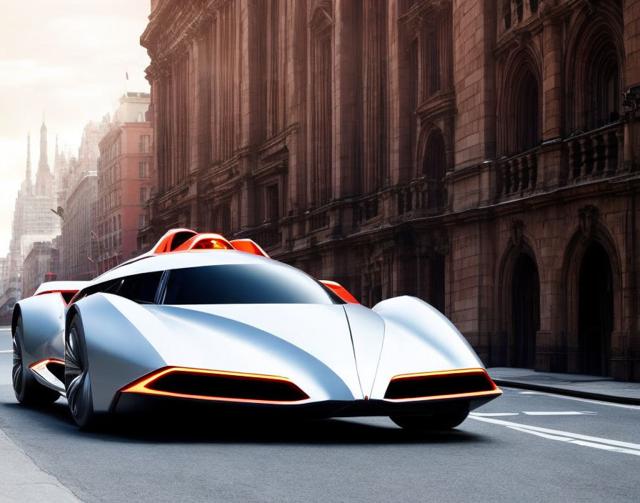 Futuristic white car with orange accents on city street with classical architecture