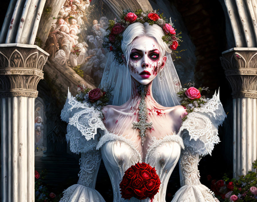 Gothic bride with roses in hair and dress against ornate backdrop