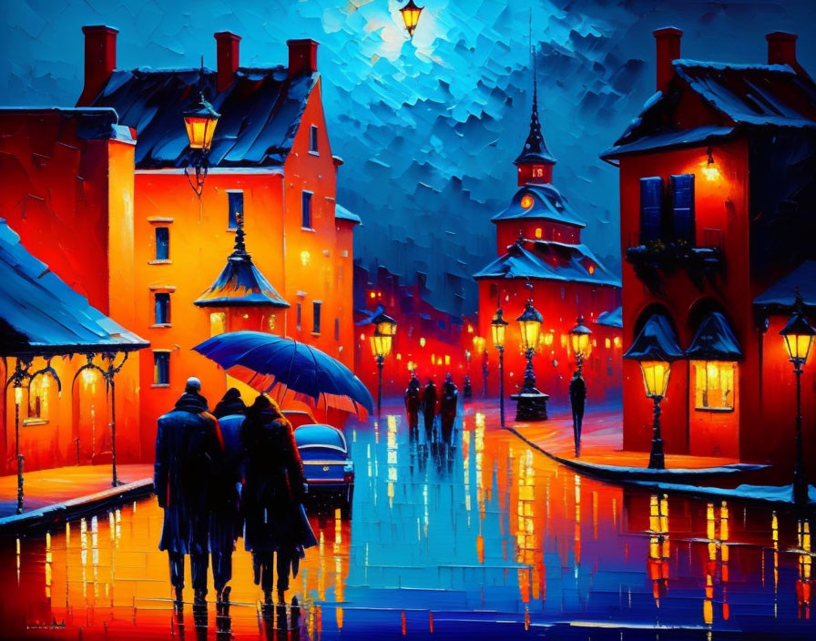 Vibrant rainy street scene at night with people and umbrellas