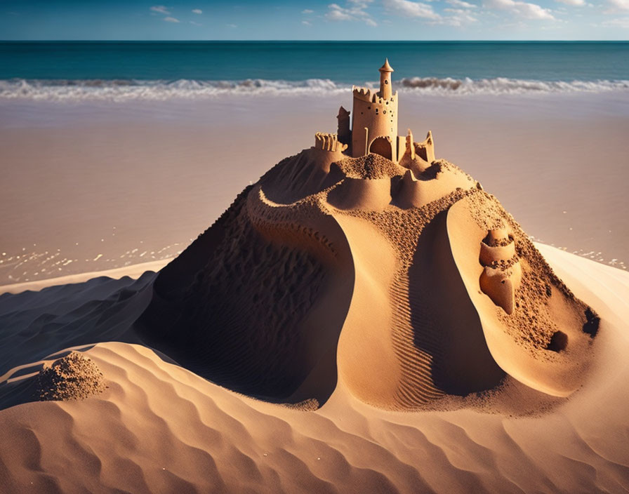 Detailed sandcastle with towers on sandy beach with ocean view