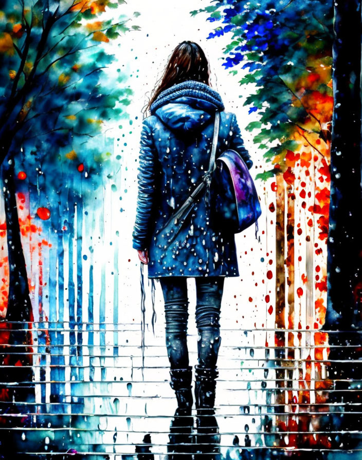 Woman in Blue Coat Walking on Wet Sidewalk Amidst Autumn Trees