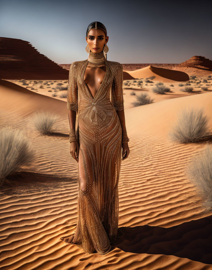 Woman in ornate golden dress standing in desert landscape