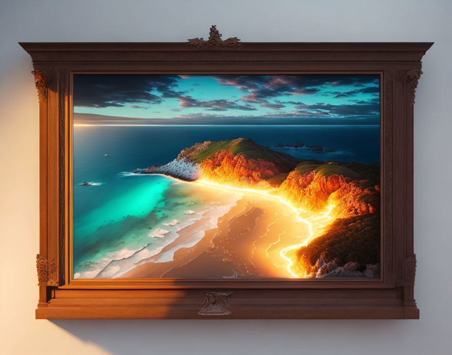 Framed screen showcases coastal sunset landscape