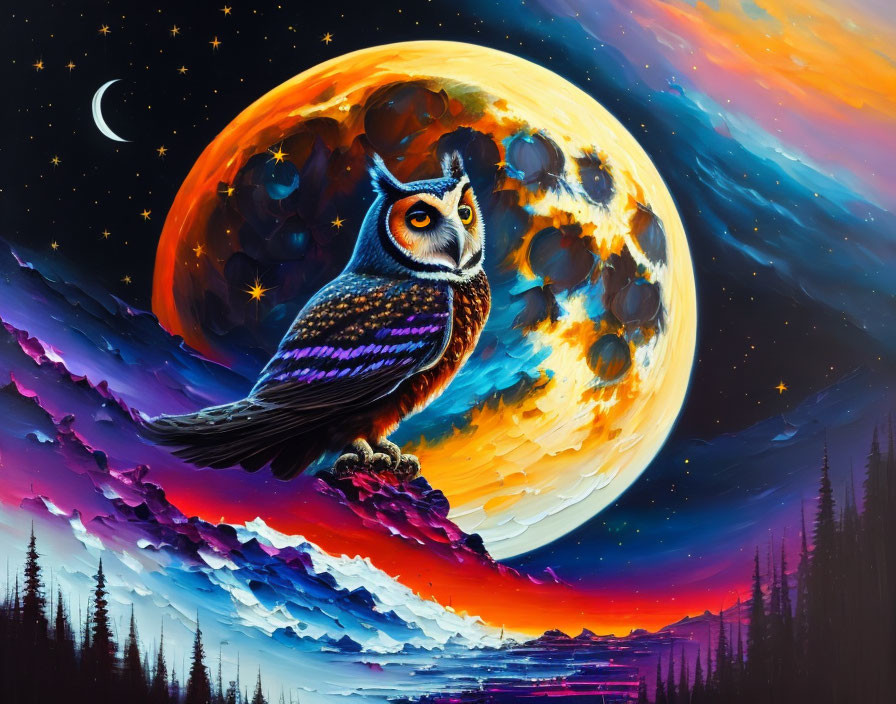 Colorful owl perched on branch under large moon in surreal landscape