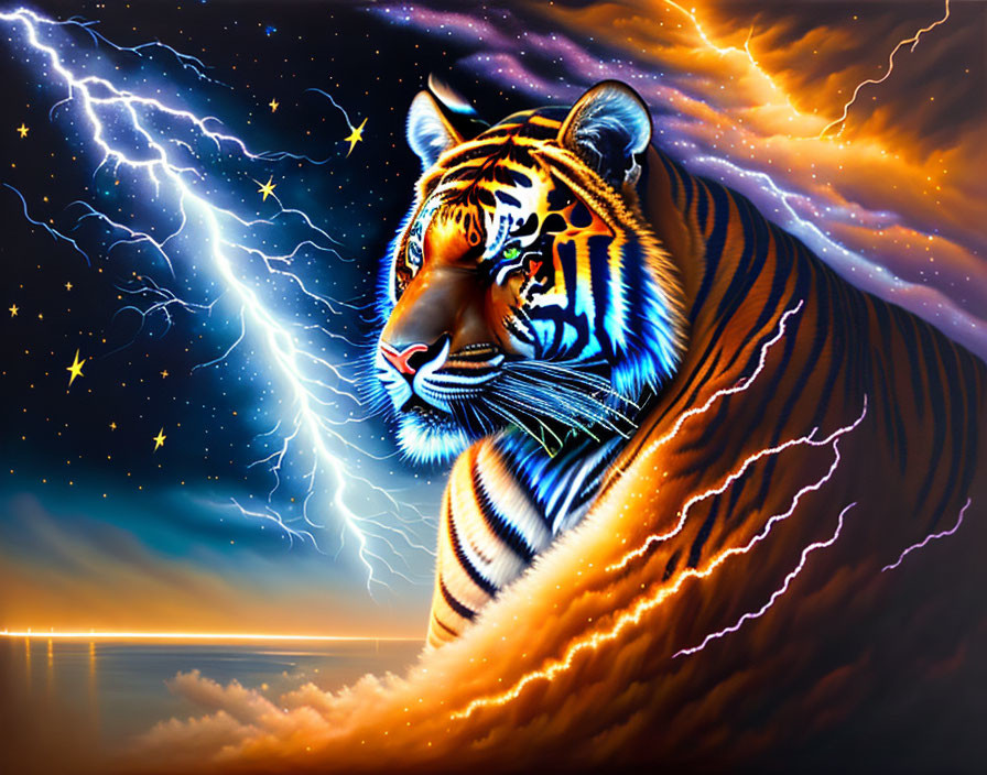 Colorful Tiger Illustration with Glowing Stripes in Lightning Storm