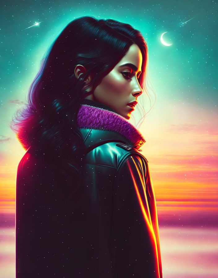 Woman with Long Hair in Neon-Lit Sunset Sky