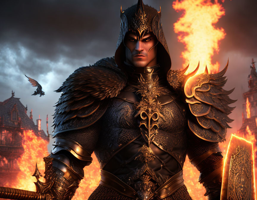 Armored knight with fur cloak against fiery backdrop