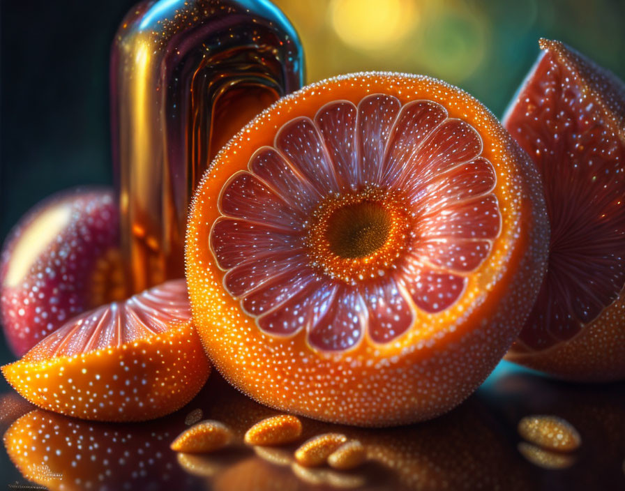 Citrus Fruit Slices Close-Up with Dewy Texture and Golden Seeds