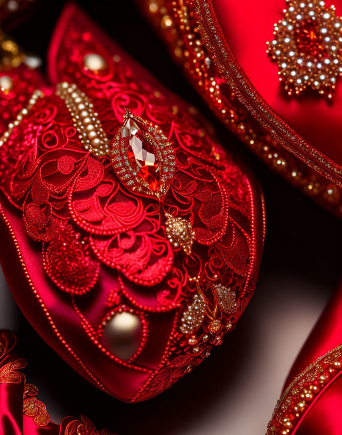 Detailed red fabric with jewel, pearls, and golden accents showcasing intricate embroidery.