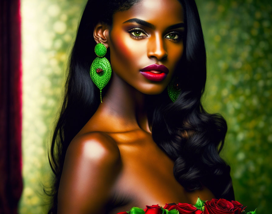 Woman with Striking Makeup and Red Roses against Green Background