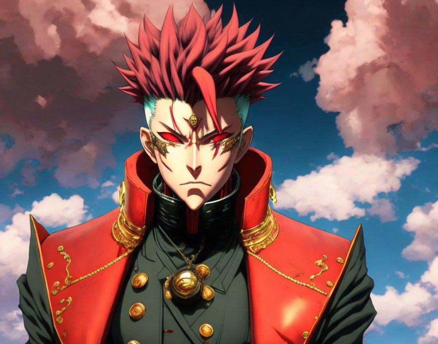 Spiky Red-Haired Animated Character in Regal Attire Against Cloudy Sky