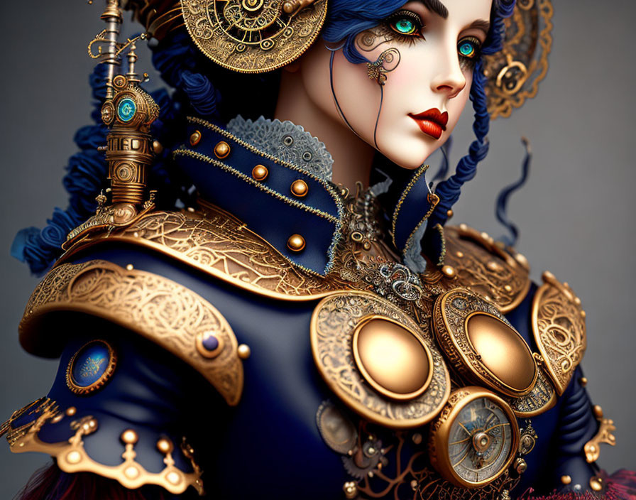 Detailed digital artwork: Woman with blue skin and vibrant blue eyes in steampunk armor.