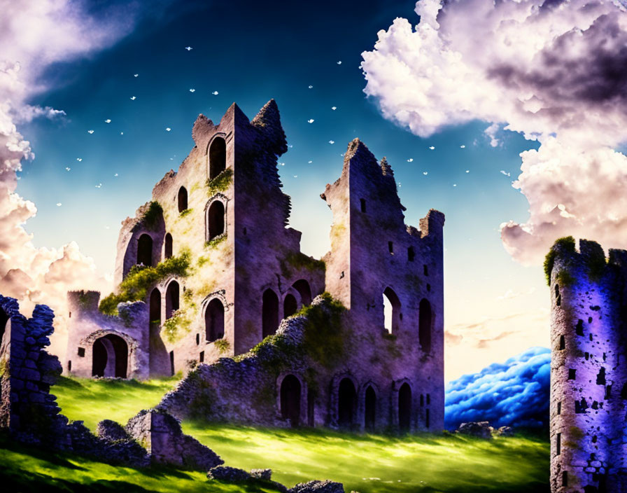 Ancient castle ruins in a vibrant landscape setting