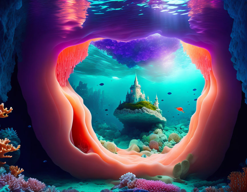 Underwater scene with fairy-tale castle and heart-shaped cave opening