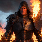 Armored knight with fur cloak against fiery backdrop