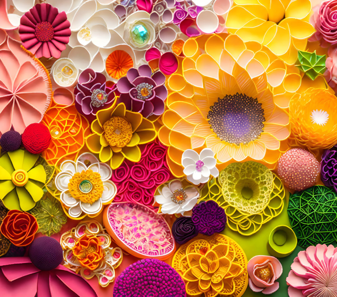 Colorful Paper Flowers Collage with Various Sizes and Patterns