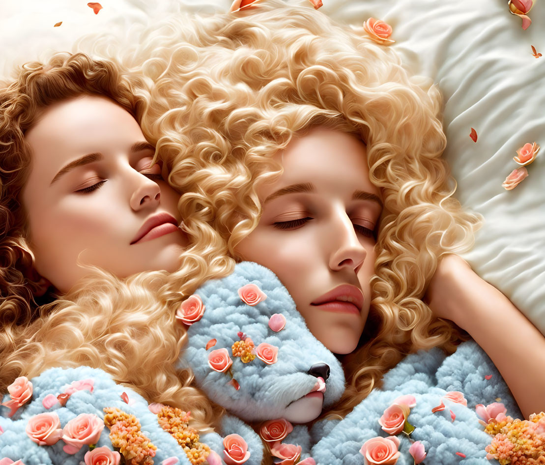 Blonde Curly-Haired Women Sleeping with Toy in Soft Setting