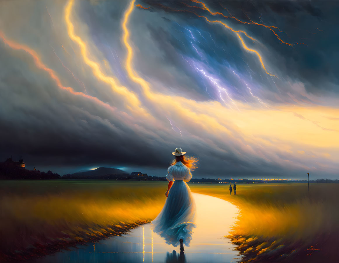 Woman in Blue Dress Walking Towards Figure in Dramatic Sky