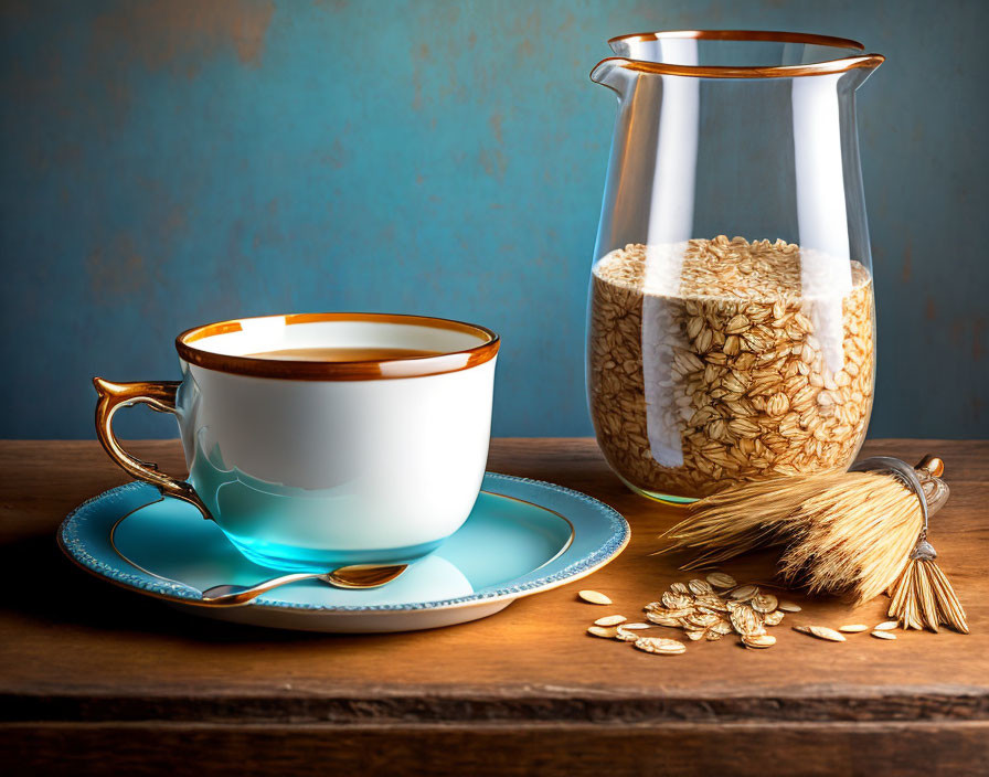 Hot Tea Cup, Golden Spoon, Oats Jug, Sheaf on Wooden Table