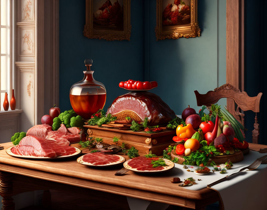 Opulent banquet with meats and vegetables on wood table in classical room