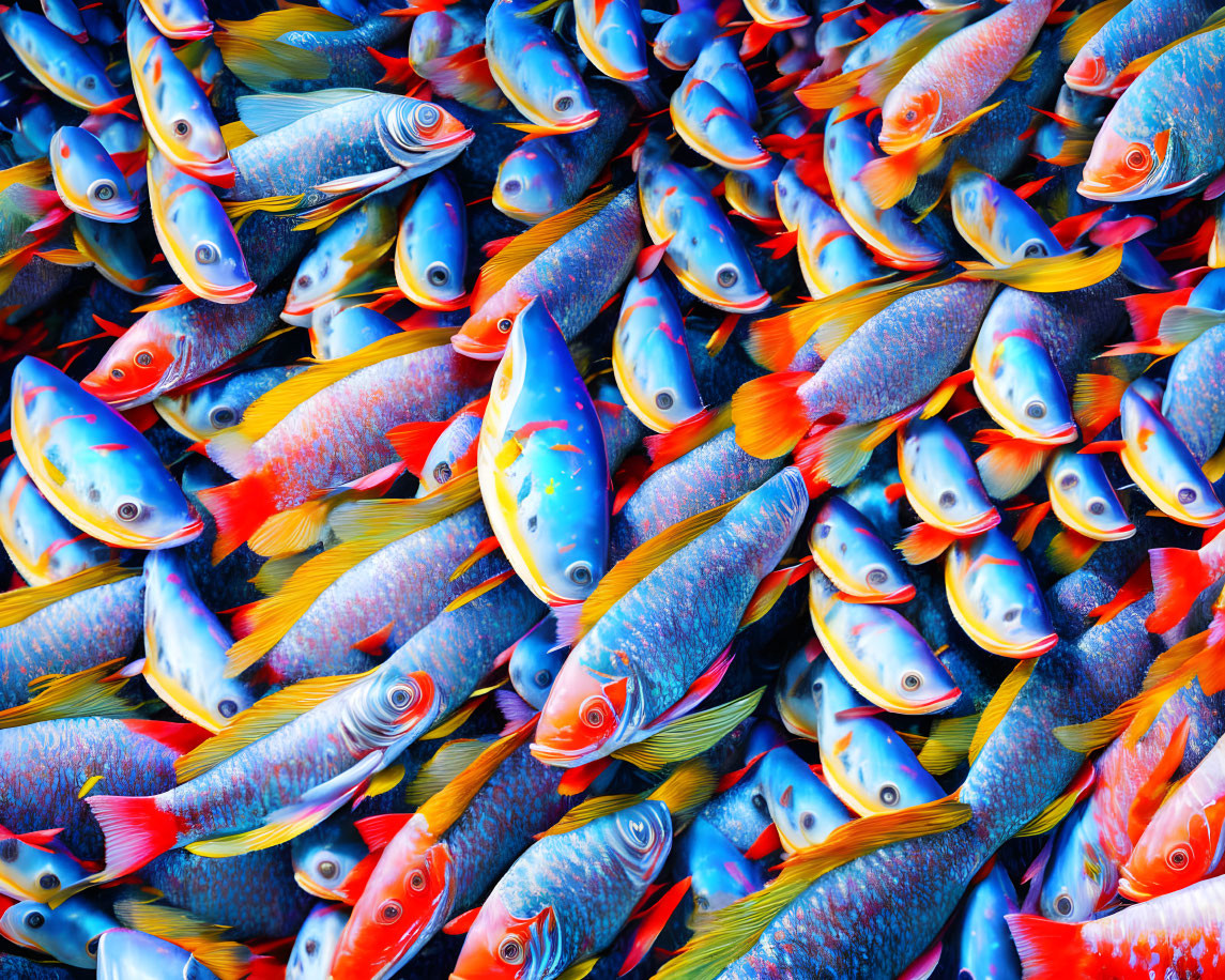 Vivid Blue and Orange Tropical Fish School Swimming Closely