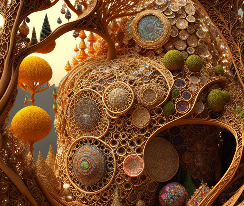 Intricate fractal image: Complex circles, spirals, organic shapes in warm, golden palette