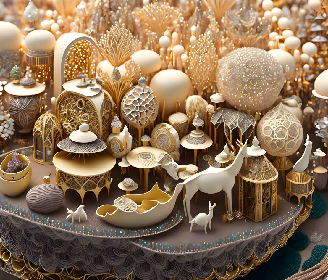 Detailed 3D fantasy illustration with golden structures and animals on beige background