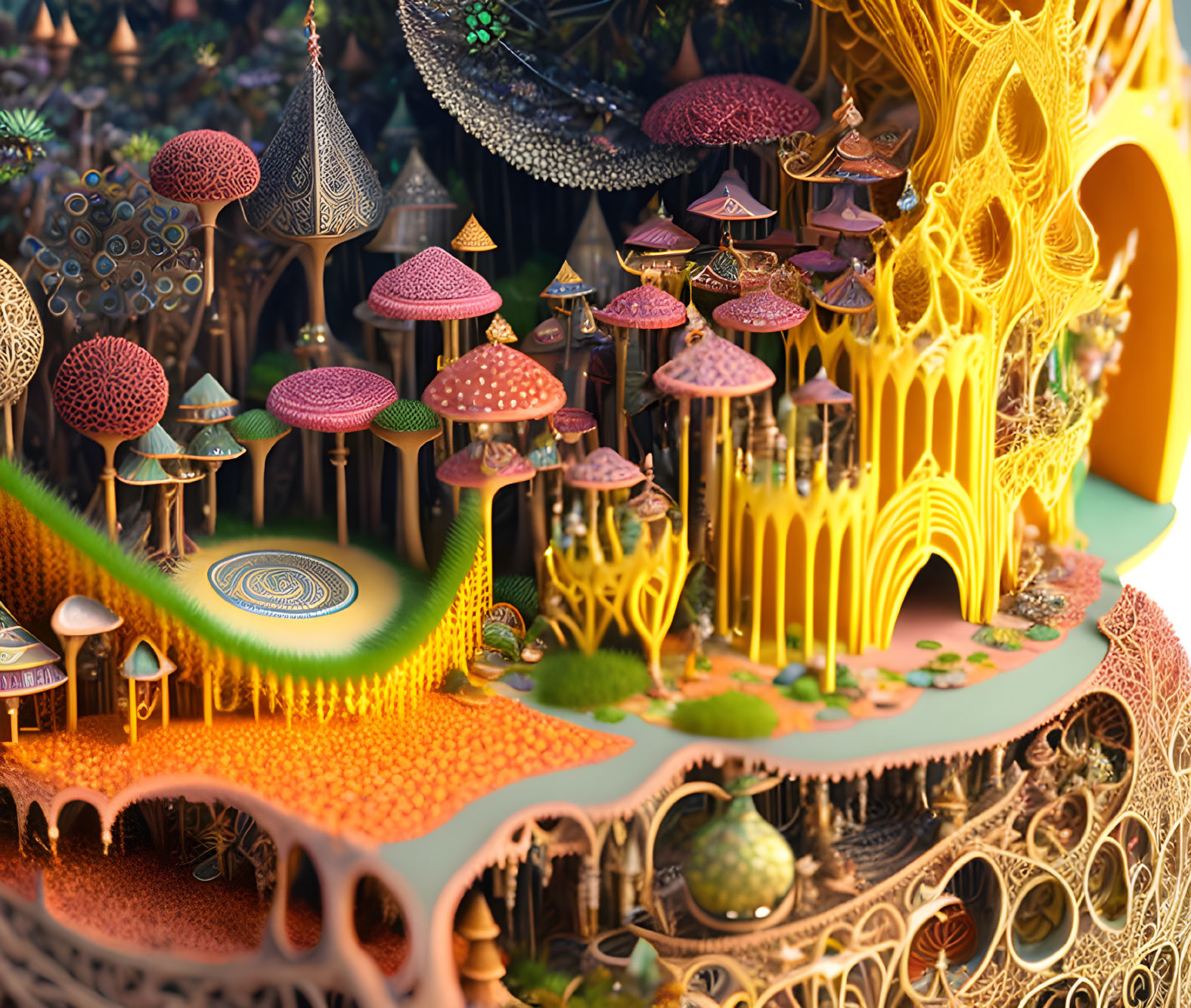 Surreal landscape with mushroom-like structures and golden architecture