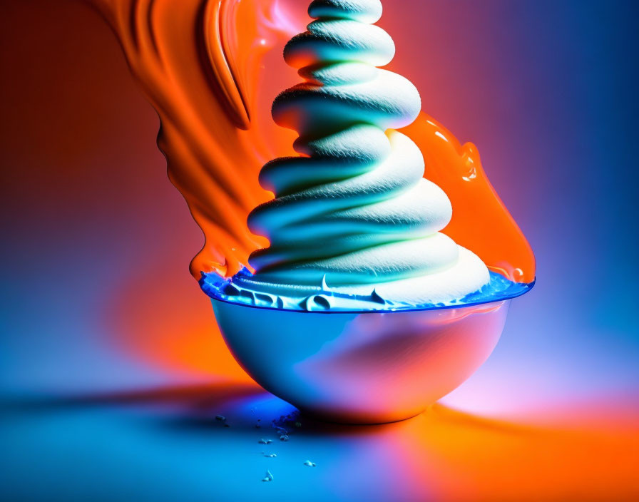 Colorful white spiral object with orange liquid above blue-rimmed bowl on gradient background