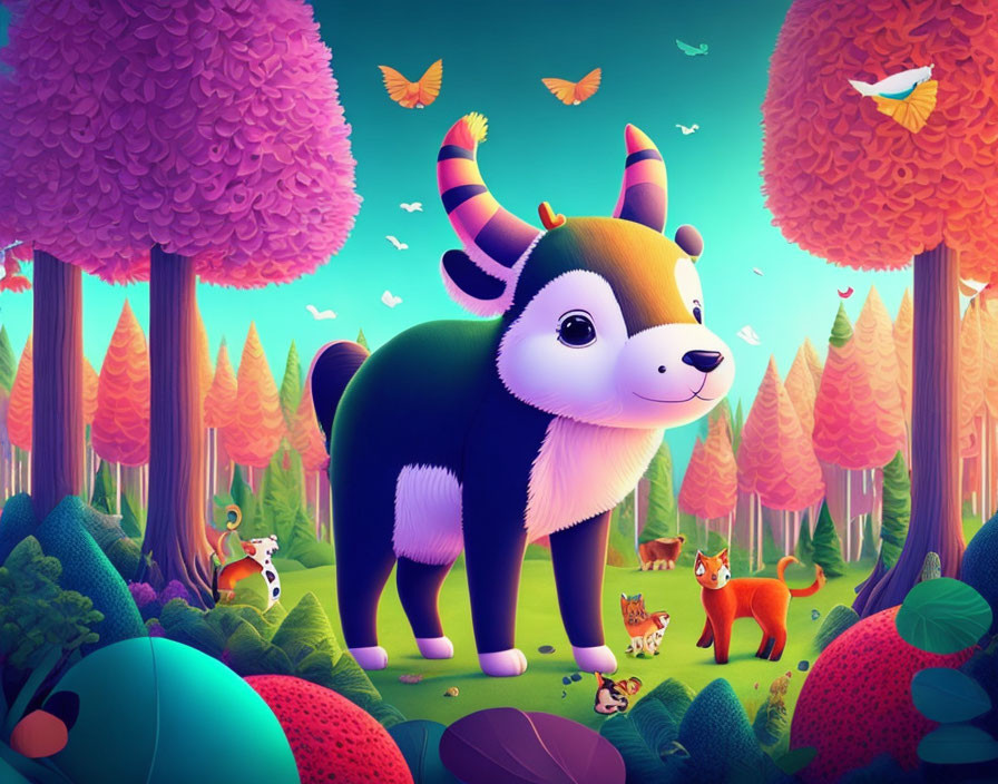 Vibrant Cartoon Forest with Playful Animals and Smiling Bull