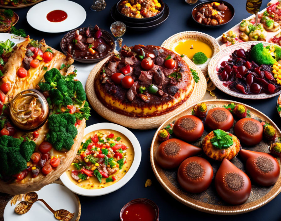 Assorted Middle Eastern dishes: kebabs, mezze, rice on dark table