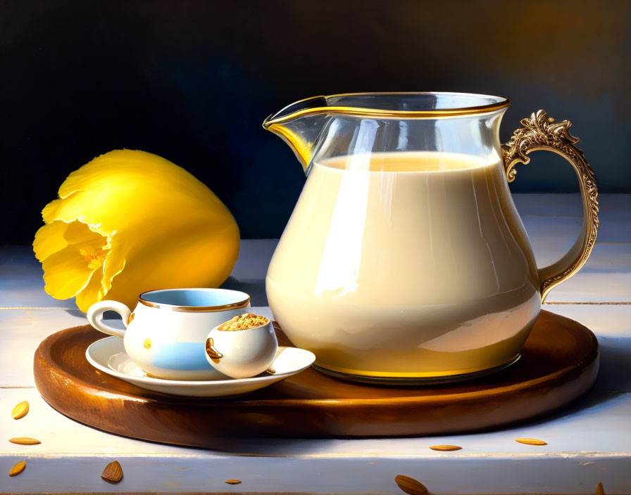 Still Life Image: Full Glass Pitcher, Cup, Lemon, Nuts on Wooden Tray