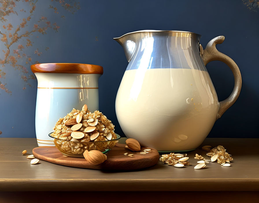 Granola and Milk Pitcher on Wooden Board with Blue Background