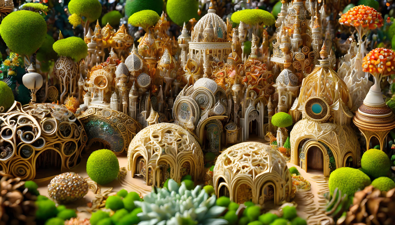 Detailed Fantastical Landscape with Ornate Buildings and Vibrant Flora