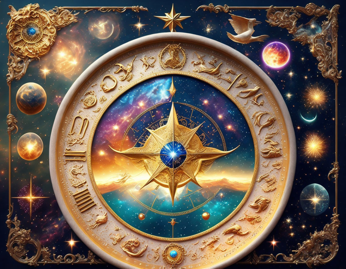 Intricate Zodiac Wheel with Astrological Symbols and Celestial Bodies