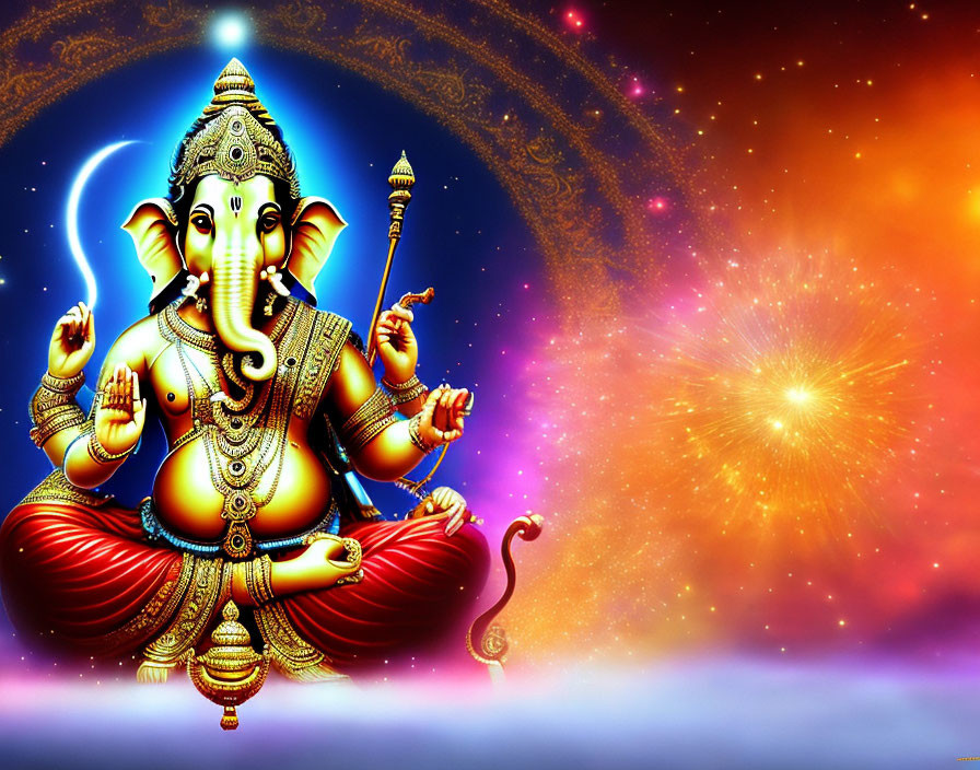 Colorful depiction of seated Hindu deity Ganesha with four arms in cosmic setting