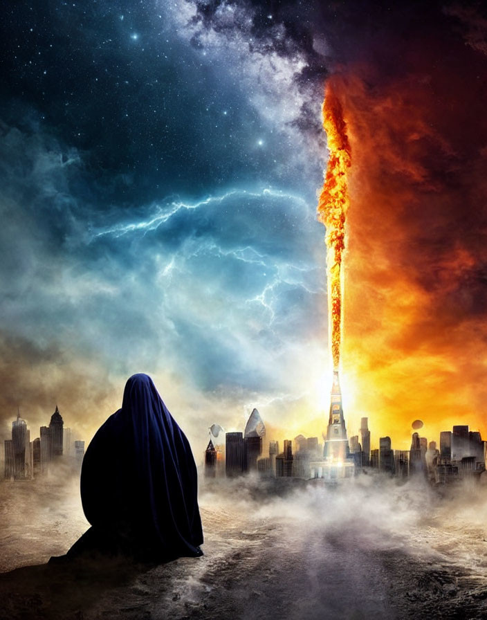 Cloaked Figure Gazes at Cityscape with Fiery Beam Splitting Stormy Sky