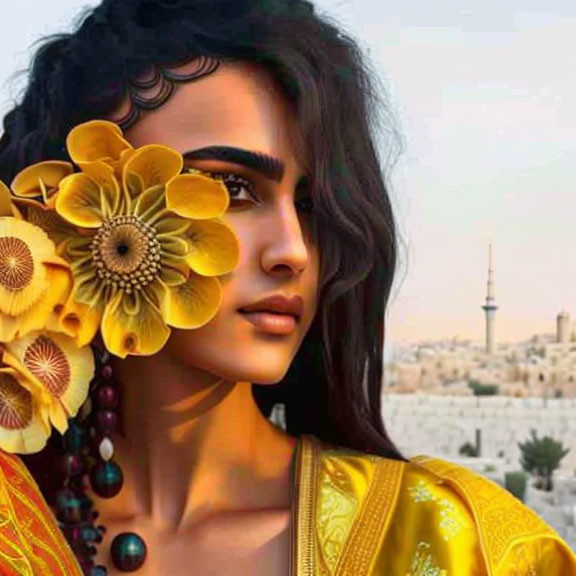 Woman with yellow floral hair adornments against urban skyline at sunset