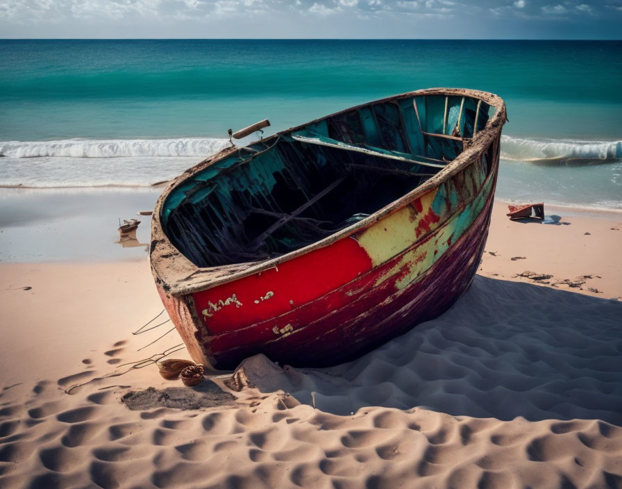 Weathered Red and Blue Boat on Sandy Beach with Turquoise Waters