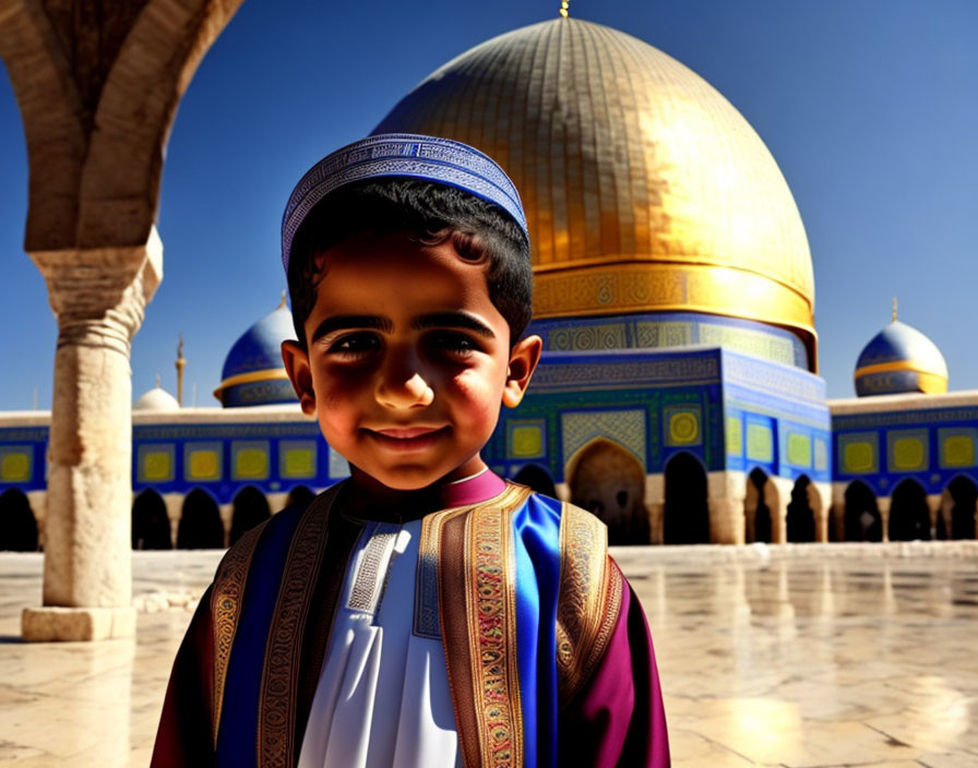 Young boy in traditional attire smiling at Dome of the Rock under clear blue sky