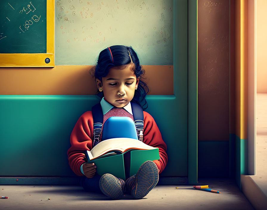 Child reading book surrounded by crayons and doodles