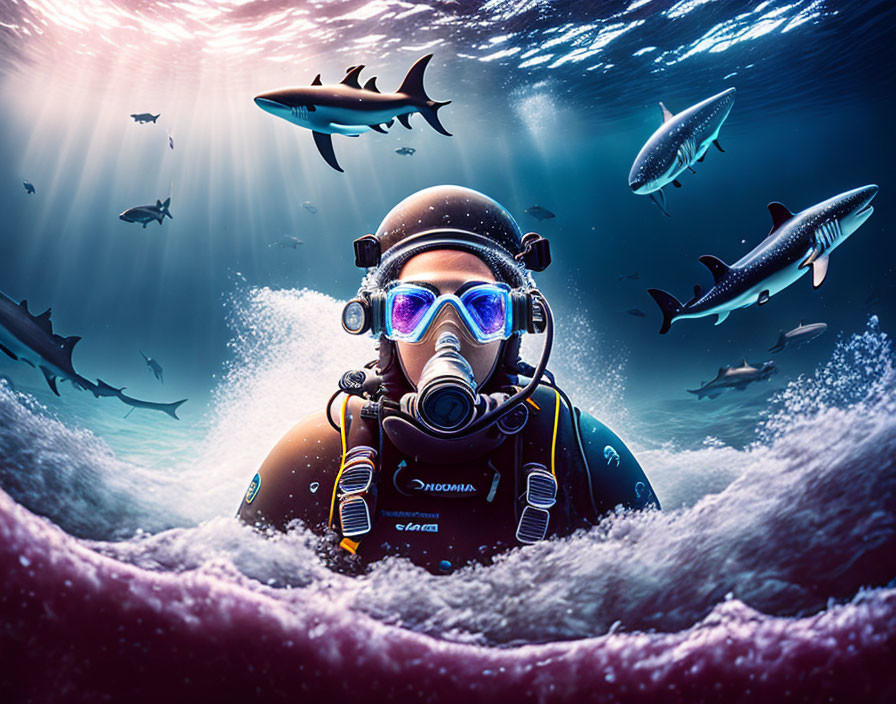 Diver surrounded by sharks in clear waters with sunlight above