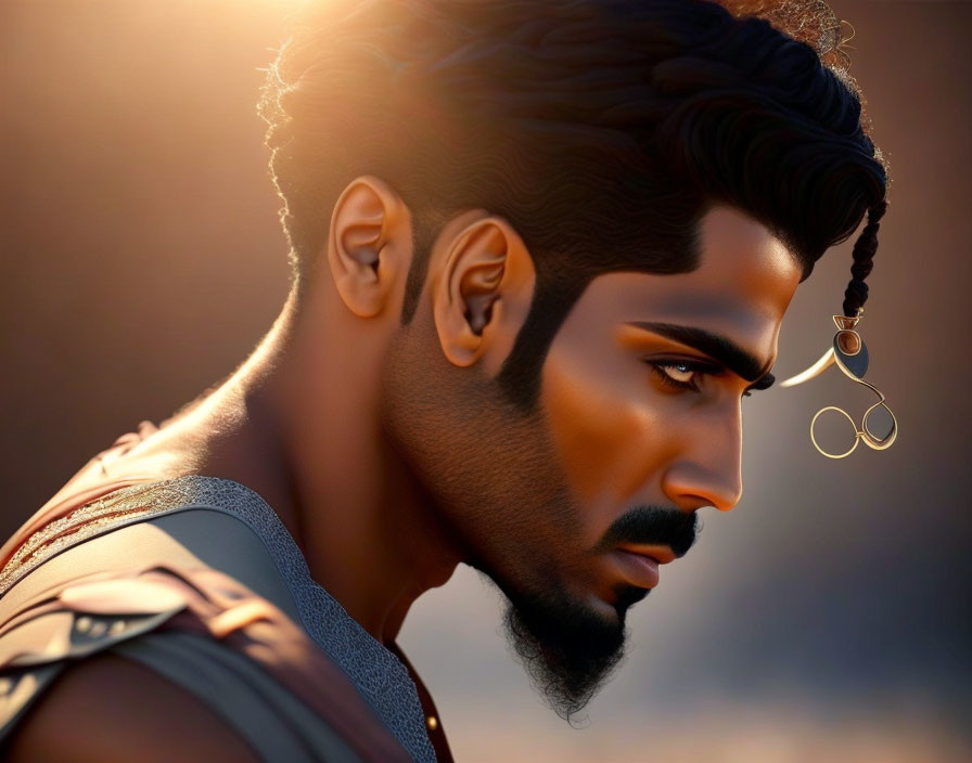 Detailed digital painting of a bearded man with earring in close-up view